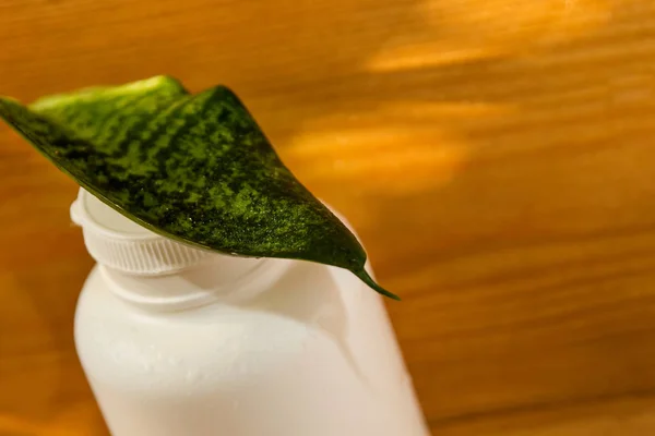 Белая бутылка на деревянном фоне. бутылка и зеленые листья. Натуральный косметический продукт. Масло для массажа. Травяной шампунь — стоковое фото