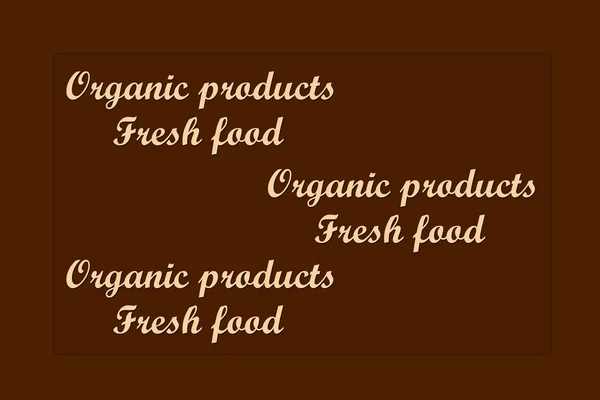 Texto Productos Ecológicos. Etiquetas ecológicas sobre fondo marrón. La palabra comida fresca. Logotipo de productos naturales. Fondo de alimentos marrones. texto comida fresca. Productos ecológicos . — Foto de Stock