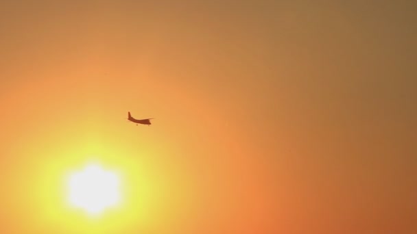 Avión Vuela Través Del Cielo Durante Hermoso Atardecer — Vídeo de stock