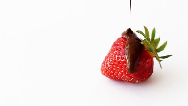 草莓巧克力 巧克力流下来 一个草莓巧克力在白色背景 慢动作 — 图库视频影像