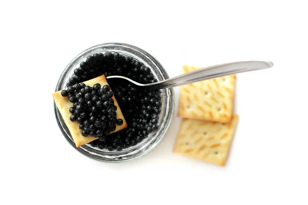 Esturión Negro Caviar Witn Cuchara Plata Icracker Frasco Vidrio Aislado — Foto de Stock