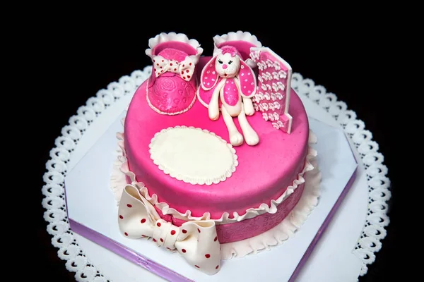 Éves Születésnapi Buli Rózsaszín Torta Dekoráció Fekete Háttér Egy Hely — Stock Fotó
