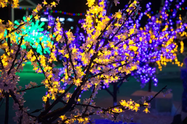 Hermosa flor brillante con luz de lámpara de neón decorar en el árbol al lado de la carretera — Foto de Stock