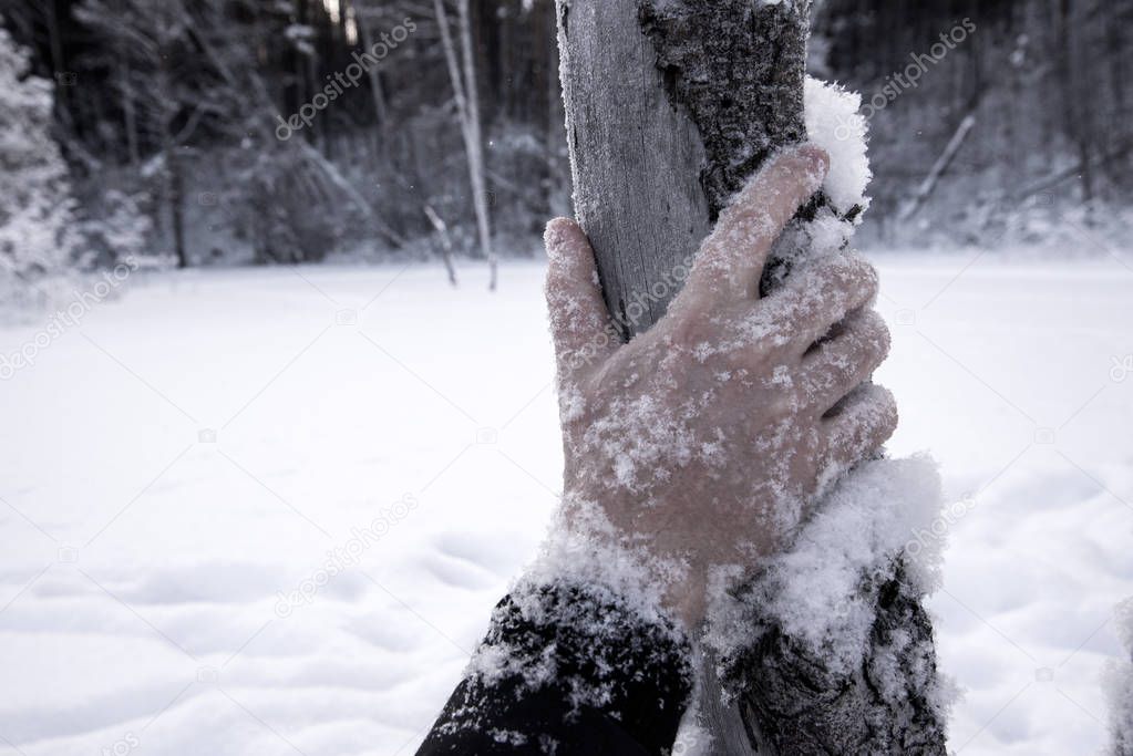 Dramatic hand in the snow. Tragedy