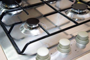 Ocak topuzu ısı birimi anahtarı şık metal çelik siyah beyaz portre temiz yeni mutfak gaz sobası