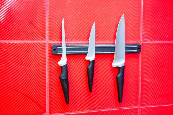 Conjunto Alta Qualidade Cozinha Cozinheiro Facas Ferramentas Uma Placa Magnética — Fotografia de Stock