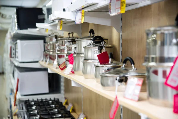 Set Stainless Steel Utensils Shelves Store Close — Stock Photo, Image