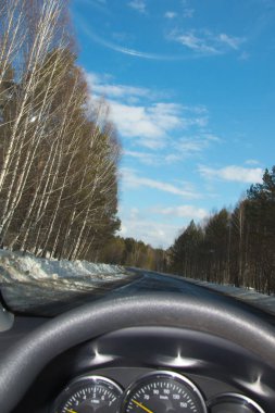Yolun cama görünümünü. Bahar orman. Islak yol. Mavi Gökyüzü bulutlu. Araba ön camdan arıyorum sürücü açısından bakış açısı.