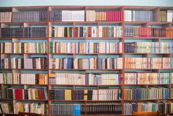 Chelyabinsk region, Russia - March 2019. Shelving with books in the school library. Library bookshelves. — Stock Photo, Image