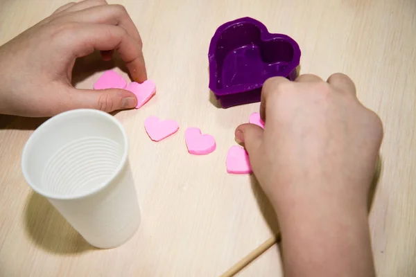 Process of homemade soap, mixing lye solution into oil. Making a gift with your own hands. — Stock Photo, Image