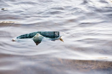 Bir dolar banknottan bir kağıt tekne sıkıntıda. Dolar suya batıyor. Sembolik görüntü
