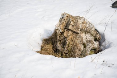 Karda taş. Güneşli bir gün. Kuvars taşı