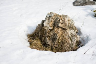 Karda taş. Güneşli bir gün. Kuvars taşı