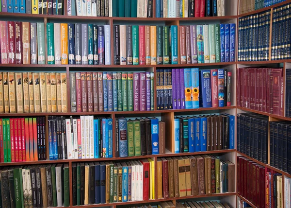 Chelyabinsk region, Ryssland - mars 2019. Hyllor med böcker i skolans bibliotek. Biblioteket bokhyllor. — Stockfoto