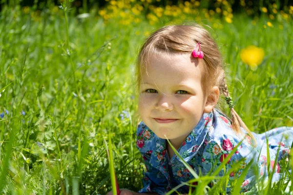 Porträtt av en flicka på 4 år på en grön gräsmatta. Flicka på gräset i parken — Stockfoto