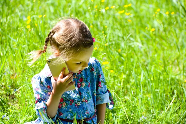 Lycklig liten flicka pratar i telefon på den gröna gräsmattan. — Stockfoto
