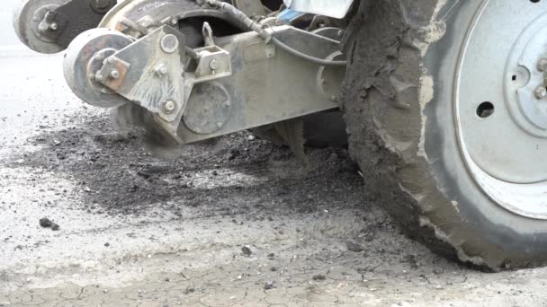 Road Milling Machine Cuts Old Asphalt Road Repair Destruction Road — Stock Video