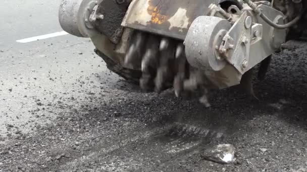 Road Milling Machine Cuts Old Asphalt Road Repair Destruction Road — Stock Video