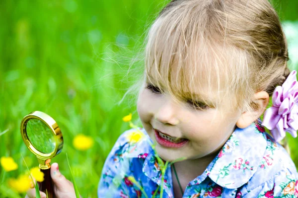 Barnet utforskar gräset på ängen genom ett förstoringsglas. Liten flicka utforska blomman genom förstoringsglaset utomhus — Stockfoto