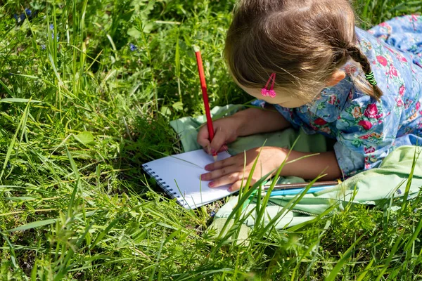 Little Happy Girl 4-5 år gammal ligger på det gröna gräset. Måla en liten rolig tjej. — Stockfoto