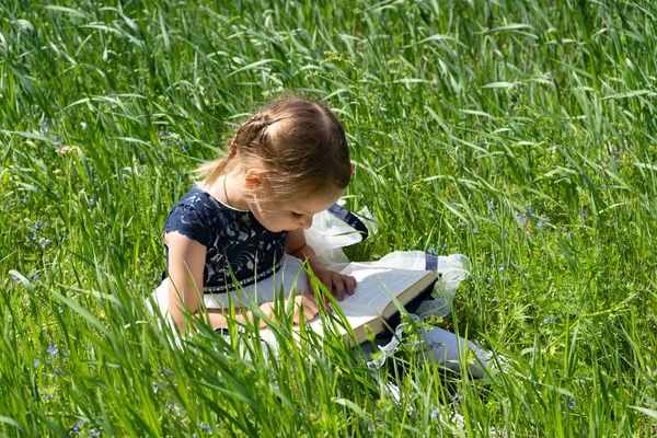 Liten flicka med en bok i trädgården. Kid är jobb en bok. En liten flicka 4-5 år gammal sitter på gräset och läser en bok. — Stockfoto