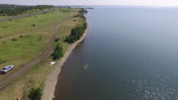 Zomer Oever Van Het Meer Luchtbeelden Van Groene Kust Het — Stockvideo