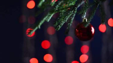 Bir Noel ağacının kabarık dallarında parlak bir parlak top. Arka plan bokeh çelenk ışıkları. Metniniz için Hazır Noel koyu arka plan.