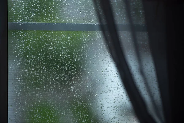 Gotas de lluvia en una mosquitera. Mosquitero en una ventana con una cortina. Foto horizontal, macro . — Foto de Stock