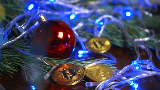 Décor Noël Bitcoins Boule Sur Une Planche Bois Avec Branches — Video