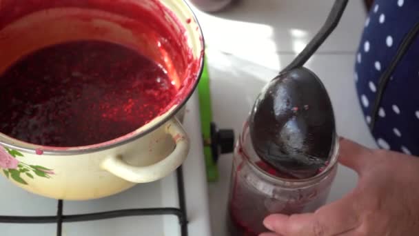 Femme Met Confiture Baies Main Dans Bocal Faire Bouillir Confiture — Video