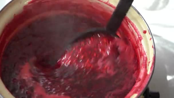 Frau Legt Handgemachte Beerenmarmelade Ins Glas Himbeermarmelade Kochen Leuchtende Farben — Stockvideo