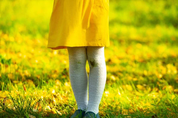 Gadis kecil dengan gaun kuning dan stoking putih setelah jatuh ke tanah. Noda tanah di lututmu. Hari musim gugur. Lutut kotor, bayi . Stok Foto Bebas Royalti
