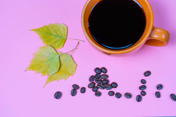 Sıcak siyah kahve bir fincan, kuru düşmüş yaprakları, renkli bir arka plan üzerinde kahve çekirdekleri — Stok fotoğraf