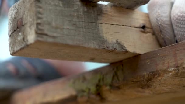 Zag met een legpuzzel. Werknemers zagen planken in het park — Stockvideo