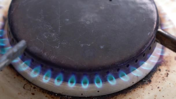 Burning Match Ignites Gas Blue Flame Gas Stove Burns Suddenly — Stock Video