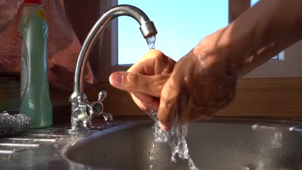 Мокрые руки под краном. Мужчина моет загорелые руки под хромированным краном у окна на кухне, освещенным солнечным светом — стоковое видео