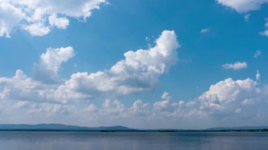 Mavi gökyüzünde dönen kar beyazı bulutlar. Büyük göl. Bulutlar açık güneşli bir günde mavi gökyüzüne doğru hızla hareket eder..