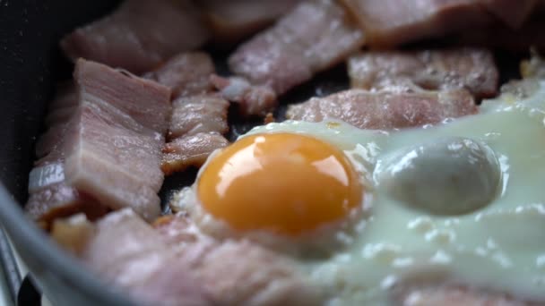 Stukken spek en eieren in een hete koekenpan, close-up. — Stockvideo