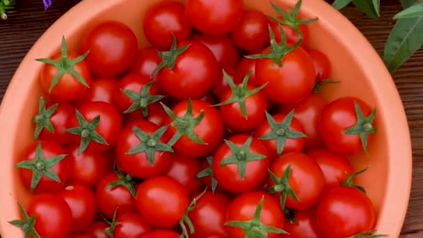 Tomates cherry frescos en un plato sobre una mesa de madera — Vídeos de Stock