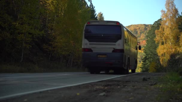 Travel Bus Autumn Autumn Sunny Day Mountain Landscape Yellow Leaves — Stock Video