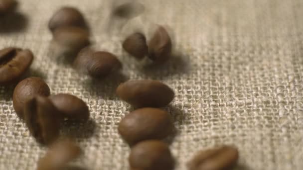 Koffiebonen vallen op de stof. Zaden van koffie vallen. Kwaliteit van het graan gebrande koffie te morsen in de zak — Stockvideo