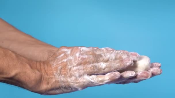 Lather your hands with a bar of soap. — Stock Video