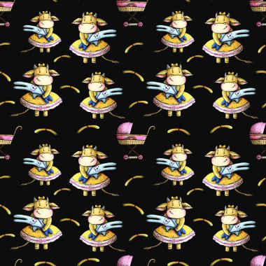 İneklerle el çizimi desen