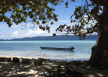 Raja Ampat Endonezya Arborec Adası üzerinde yürüyerek alırken, bazı çarpıcı doğa ziyaretçi selamlıyor. Burada yerel bir tekne ile plaj görünümlerden birini