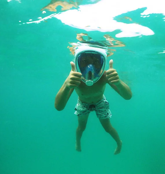 Boy Water Playing Full Face Mask Snorkelling — Stock Photo, Image