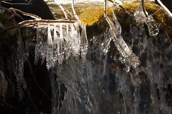 Funy Icicles Small Creek Mountains — Stock Photo, Image