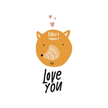 Vektör kreş poster şirin fox yüz, İskandinav tarzı ile. Seni yazı seviyorum