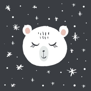 Kreş kartı şirin kutup ayısı yüz. Vektör el çizilen illüstrasyon