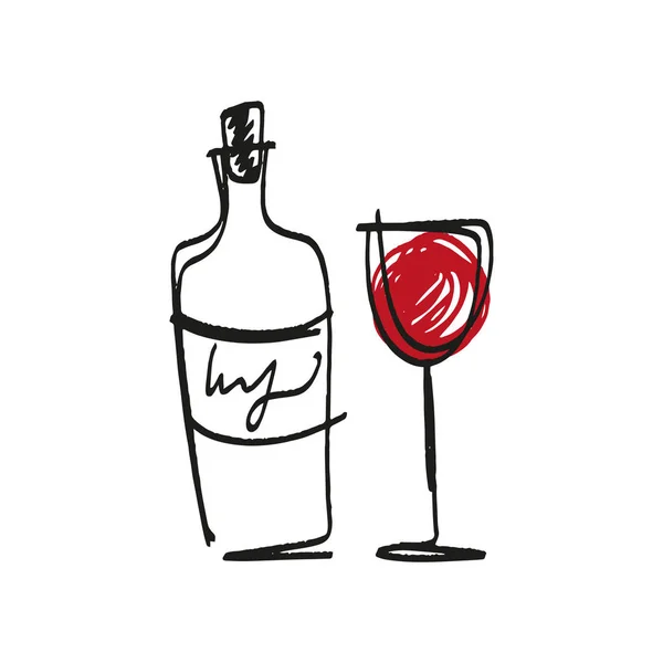 Vector Glazen Een Fles Rode Wijn Ingesteld Met Hand Getekende — Stockvector