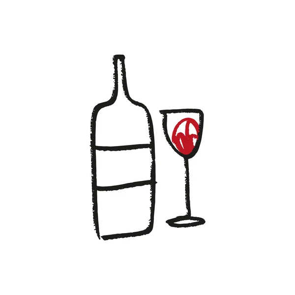 Vector Glazen Een Fles Rode Wijn Ingesteld Met Hand Getekende — Stockvector